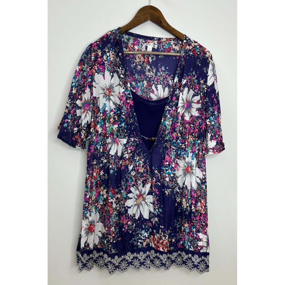 John Paul Richard 2 Pc Floral Lace Trim Tunic Top & Cami Mini Dress Purple Large - Picture 2 of 11